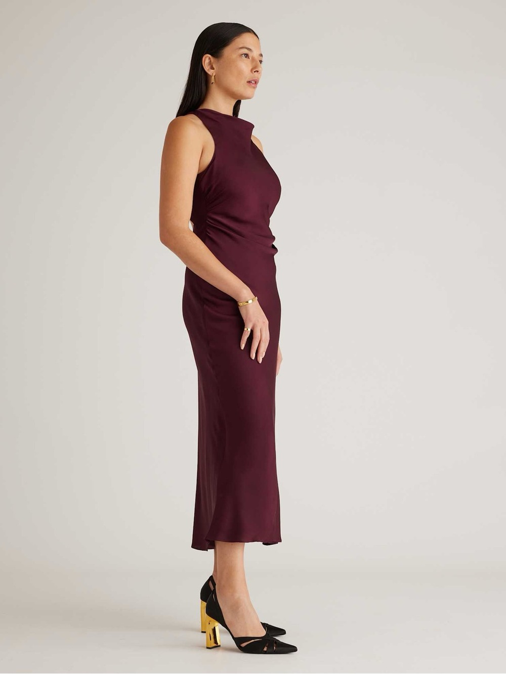 Quince Washable Stretch Silk High Neck Midi Dress, Wine Tasting Red, L 🍷 🍇